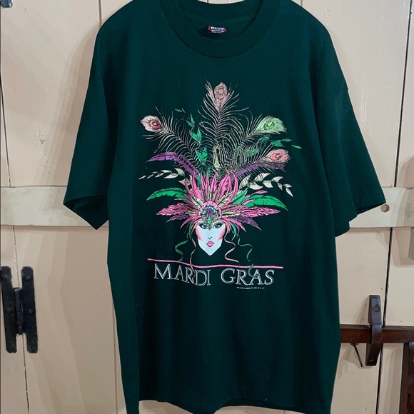 Fruit of the Loom Tops - Vintage Mardi Gras Tee vibrant colors with glitter accents- Dark Green XL